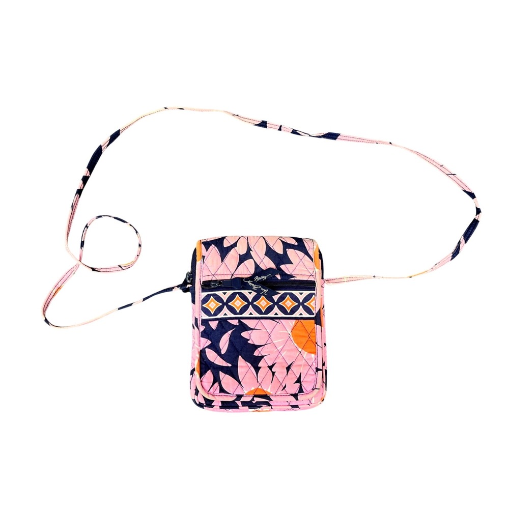 Vera Bradley Pink Navy Floral Quilted Cotton Crossbody ID Case Bag